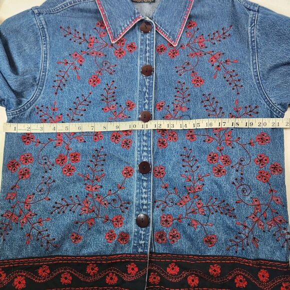 Life Style Denim Embroidered Red Black Floral Button Front Jacket Size S Japan - Picture 8 of 10